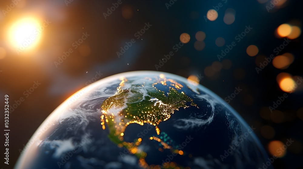Fototapete Global network and telecommunication infrastructure on earth visualized as an intricate web of luminous data connections and glowing circuit board landscapes
