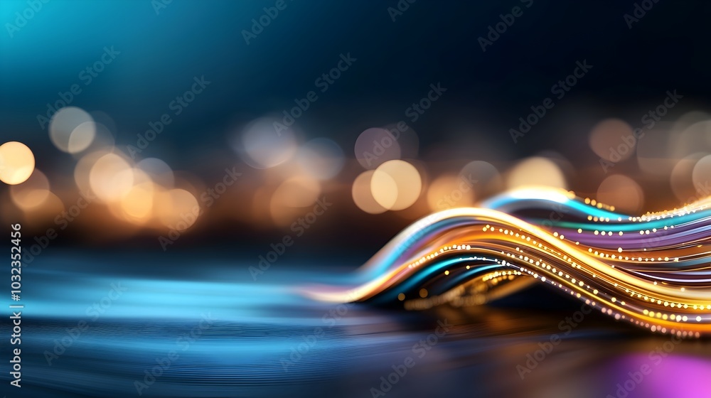 Poster Futuristic Smart City Skyline Featuring Abstract Dot Connections Gradient Lines and Intricate Wave Design Highlighting Advanced Data Visualization Technology Dynamic Chiaroscuro Lighting