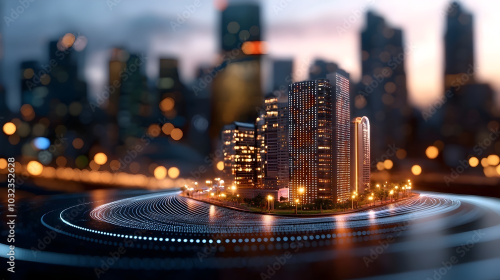 Poster minimalist architectural landscape of a smart city featuring abstract dot connections gradient lines