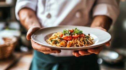 A Chef is holding a plate of beautifully arranged gourmet food, with a satisfied smile, symbolizing high food expectations and culinary excellence.	