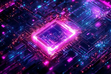 Abstract futuristic circuit board with glowing neon lights.