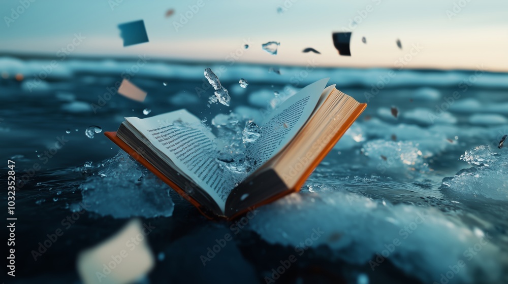 Aufkleber an open book floats on calm waters, surrounded by ice chunks as pages flutter in the gentle breeze d