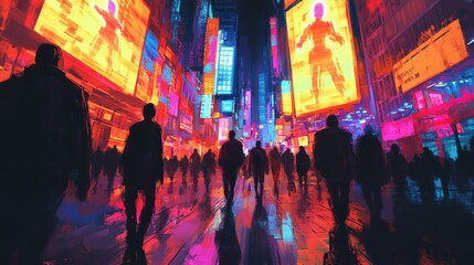 Silhouettes of people walking in a neon city.