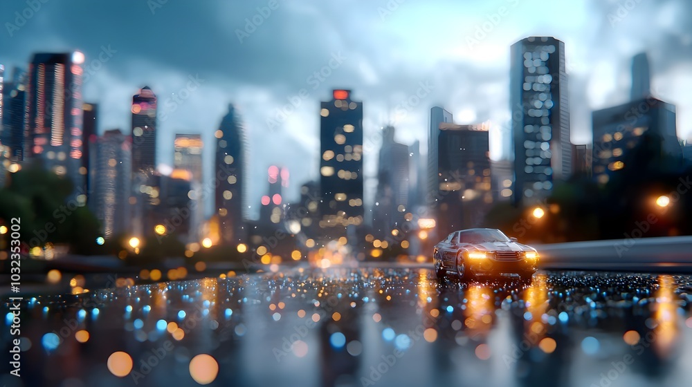 Poster Futuristic urban landscape with interconnected digital dots gradient lines and flowing wave patterns representing advanced technology and a dark moody cyberpunk style environment