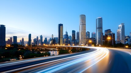 Obraz premium Innovative digital city skyline featuring abstract dot networks gradient line intersections and aesthetic wave line designs symbolizing data connectivity advanced technological hub