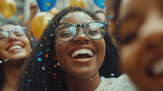 Joyful celebration with friends, smiling faces, and colorful confetti.
