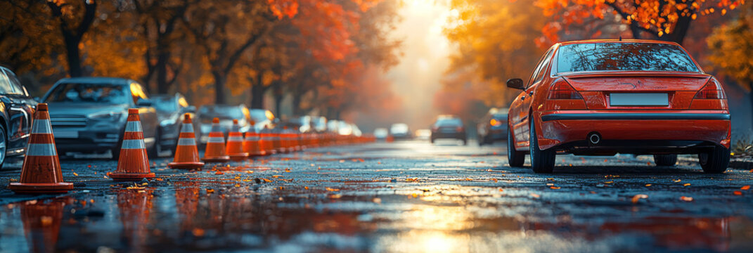 A person parallel parking during a driving test, trying to perfect their technique under pressure,