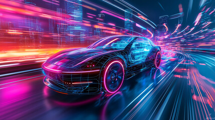 uturistic neon car racing through a vibrant digital cityscape at high speed