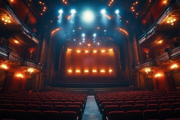 Empty Theater Seats with Stage Curtains and Spotlights