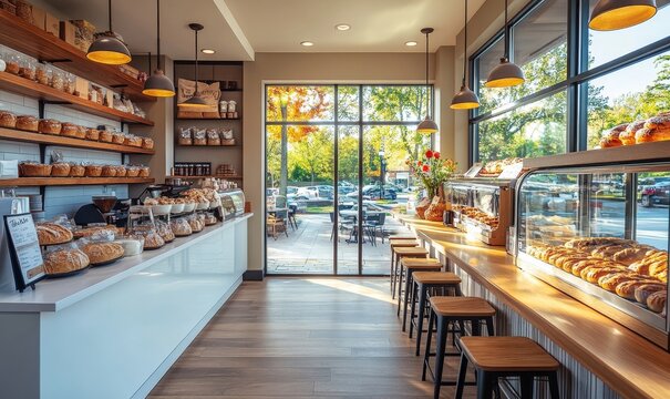 beautiful bistro cafe with a clean white counter, a tempting bakery display, and a long wooden counter adorned with high chairs by the window, bathed in the warm, golden morning, Generative AI