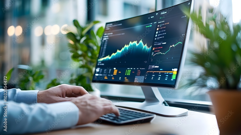Aufkleber futuristic trading desk with seamless holographic data visualization workspace precision engineered 