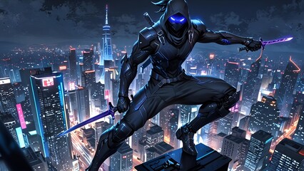 Modern ninja at the building roof 