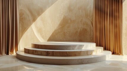 Circular marble podium with beige curtains and sunlight.