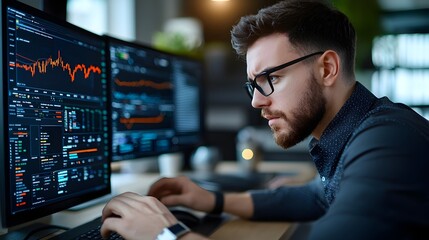 Cutting edge algorithmic trading command center with rows of dynamic OLED displays real time financial analytics rendered in abstract data sculptures advanced haptic controls and voice interfaces