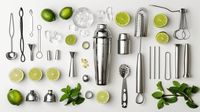 Cocktail Making Tools and Fresh Ingredients with Limes, Ice, and Mint, Arranged on White Background
