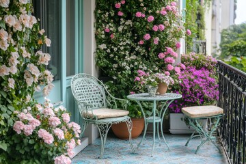 Romantic Balcony With Flowers And Wrought Iron Furniture
