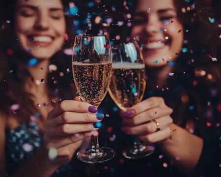 Two women toasting with champagne flutes, confetti in the air, joyful celebration.