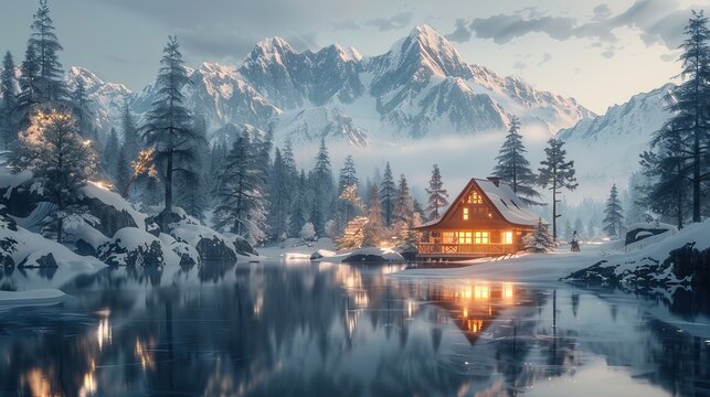Cozy Cabin by a Snowy Lake with Majestic Mountain View and Warm Lights Reflecting on the Water