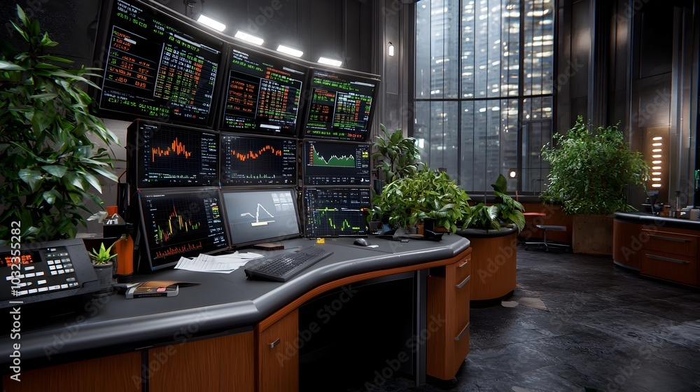 Poster derelict and abandoned exchange workstation with multiple led screens showcasing complex financial g
