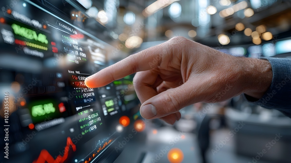 Poster holographic 3d visualization of a bustling exchange trading floor in a contemporary financial center