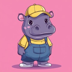 Obraz premium A cute cartoon hippo is wearing overalls and a hat, with simple lines and flat colors in the style of Chibi animation. The background color should be pink