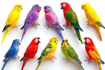 Obraz premium Colorful Variety of Exotic Parrots and Budgies on White Background in Vibrant Display of Colors