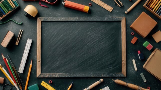 Chalkboard with a motivational quote surrounded by chalk, erasers, and rulers, perfect for educational inspiration ads