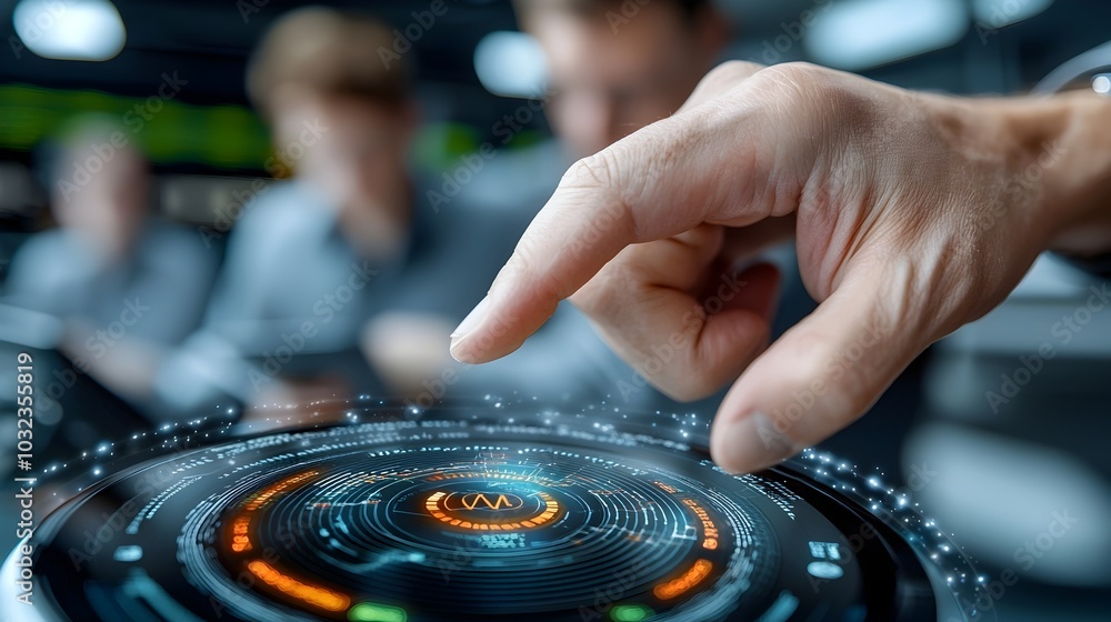 Poster Futuristic Holographic Exchange Interface Showcasing Neon Tinged Data Streams and a Team of Traders Intensely Monitoring Multiple Screens with Clean Lines and Metallic Accents in the Interior Design