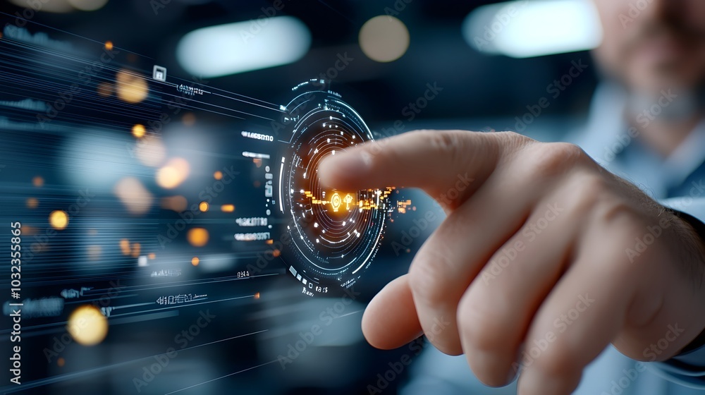 Poster holographic display of a bustling exchange trading environment within a high tech financial business