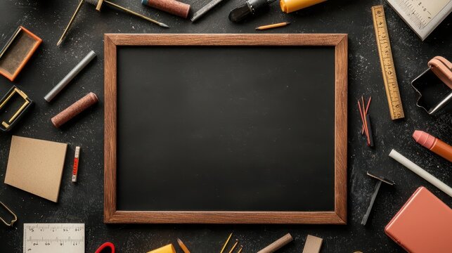 Chalkboard with a motivational quote surrounded by chalk, erasers, and rulers, perfect for educational inspiration ads - Powered by Adobe