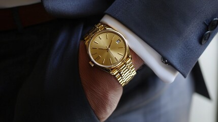 a man in a classic black suit wears a classic gold watch