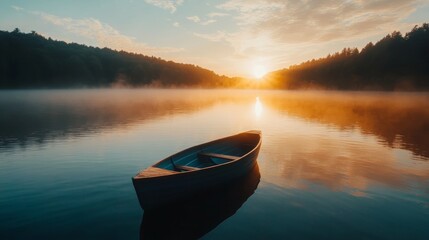 Sunset over a misty lake with a single boat, cinematic wide-angle view