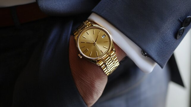 a man in a classic black suit wears a classic gold watch - Powered by Adobe