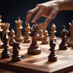 A high-resolution, close-up photograph of a hand gently moving a knight across a beautifully crafted wooden chessboard. 