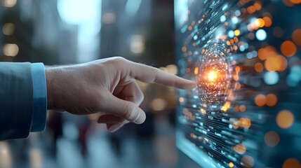 Futuristic holographic projection of a dynamic trading floor in a cutting edge financial center with transparent 3D displays presenting real time data and analytics