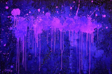 An abstract painting featuring vibrant purple hues with splashes and drips, conveying a sense of emotion and creativity.