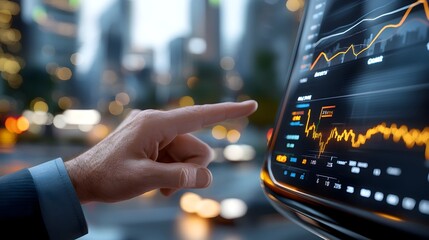 Innovative futuristic holographic projection showcasing a dynamic trading floor in a cutting edge financial center  Transparent 3D displays present real time data and analytics