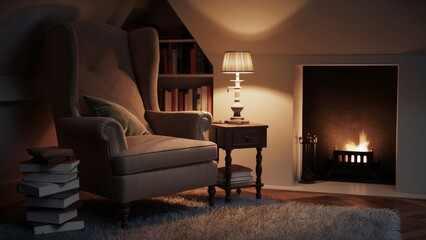 Cozy Reading Nook by the Fireplace