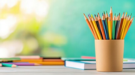 Fototapeta premium Closeup of pencils in a cup with a blurred background of school supplies, ideal for promoting desk organization tools