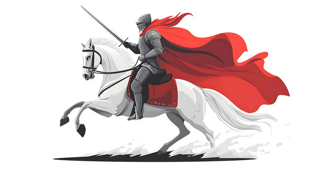 recommend clip art: Vector illustration of a brave knight on a white horse, holding a sword and wearing a red cape