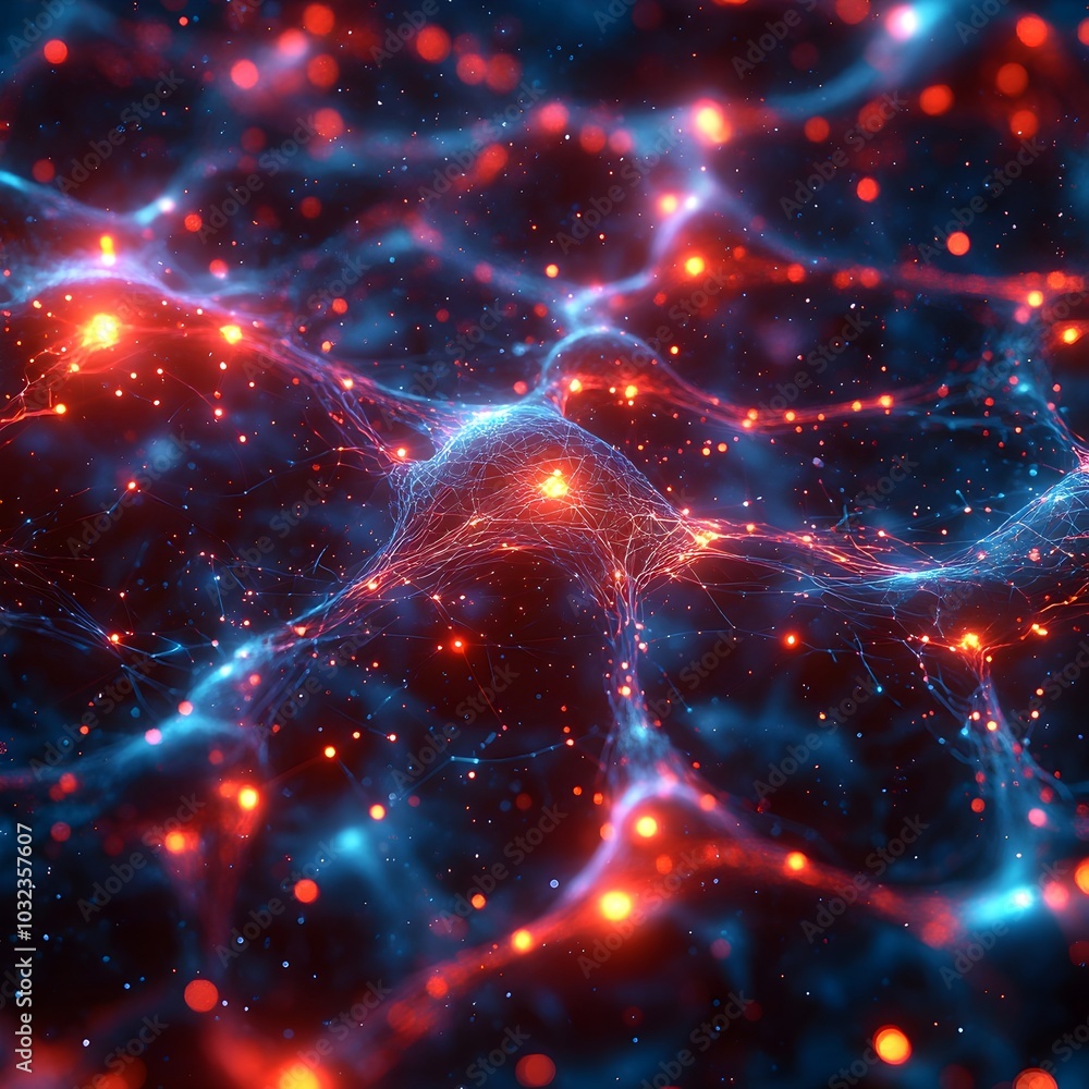 Poster Captivating Futuristic Neural Network with Glowing Luminous Filaments and Dynamic Energy Flow  Complex Geometric Patterns Dreamlike Abstraction and Aesthetic Conveying Creativity
