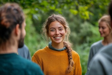 Obraz premium Young woman smiling surrounded by friends outdoors