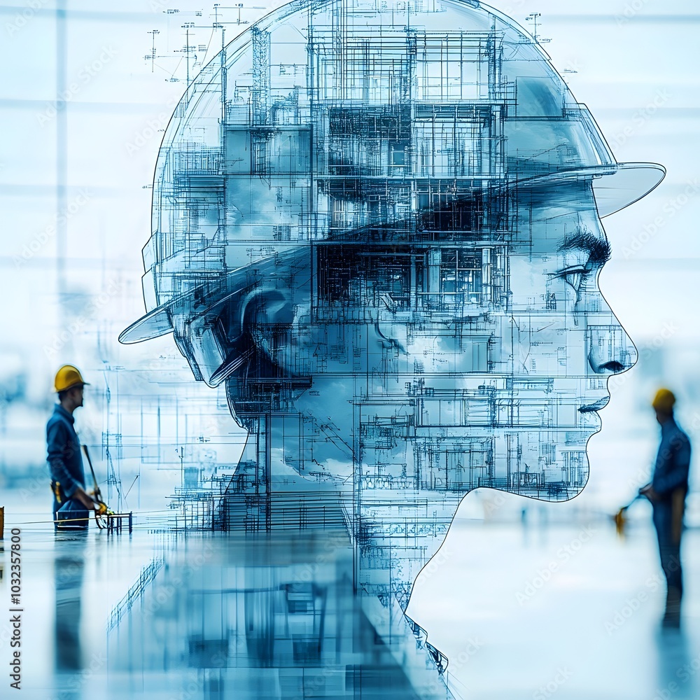 Aufkleber Innovative building construction engineering project concept with double exposure architectural blueprint details technical diagrams and construction workers in action