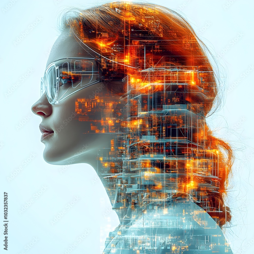 Poster innovative architectural engineering project concept featuring double exposure architectural renderi