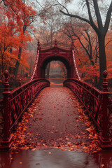 Obraz premium A bridge in a park surrounded by fiery red and gold trees, capturing a serene yet stunning autumn atmosphere,