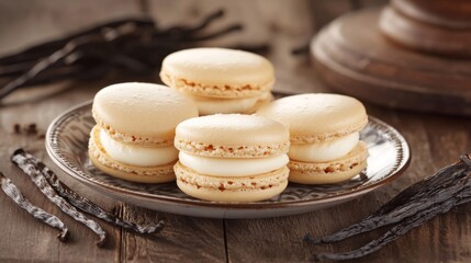 Fototapeta premium Delightful Vanilla Macarons on Rustic Plate