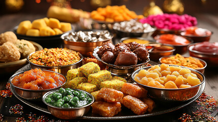 Obraz premium Delicious traditional Makarsankranti feast with various sweets and snacks