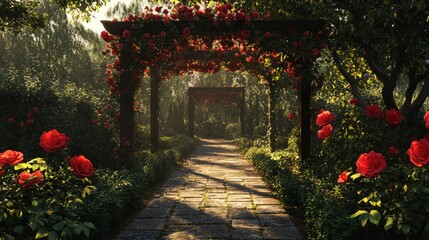 Fototapeta premium Stone Path Through Rose-Covered Garden Arbors