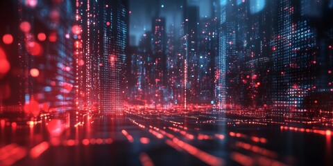 Obraz premium Red data rotation movement in city. Futuristic technology internet big data connection. Cybersecurity digital data background, Generative AI