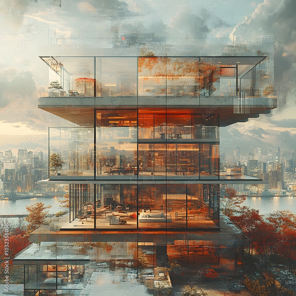 Poster innovative construction engineering proposal showcasing a composite double exposure architectural vi